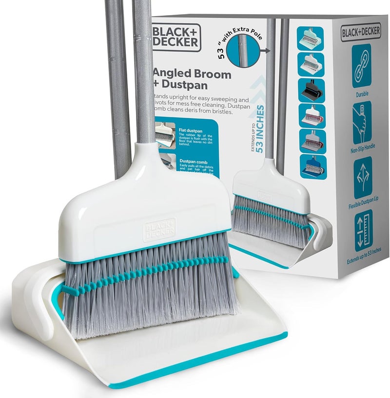 BLACK+DECKER Butler Broom and Dustpan Set for Home, Short Handle, Stand Up and Lightweight Space Saving Dust Pan and Broom Combo for Kitchen, Living Room, Bathroom, Lobby Floor Use - Image 1